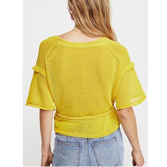 FREE PEOPLE Hello Yellow Tie Waist Knitted Cropped Textured Cardigan XS - Picture 10 of 13